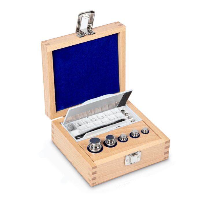 Weight set, E1, 1 mg - 100 g, Knob, stainless steel polished, in wooden case