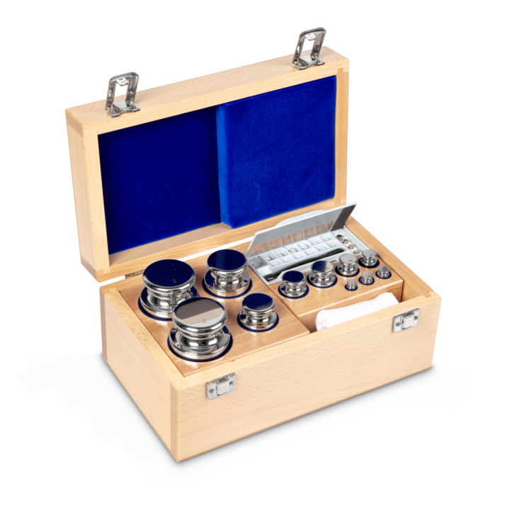 Weight set, E1, 1 mg - 2 kg, Knob, stainless steel polished, in wooden case