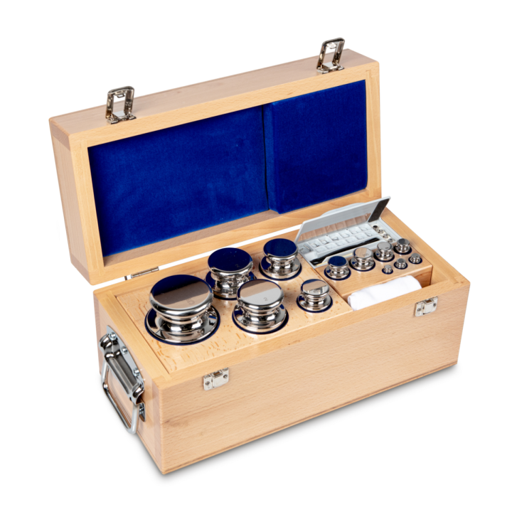 Weight set, E1, 1 mg - 5 kg, Knob, stainless steel polished, in wooden case