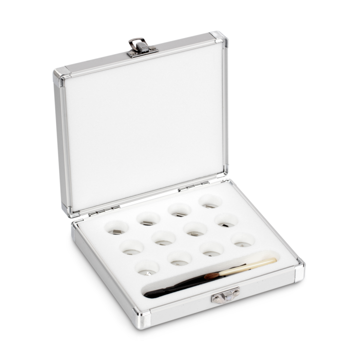 Set of milligram weights, E2, 1 mg - 500 mg, Platelet, stainless steel polished, in aluminium case