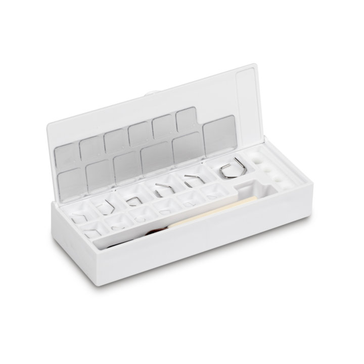 Set of milligram weights, E2, 1 mg - 500 mg, Wire, stainless steel polished, in plastic case