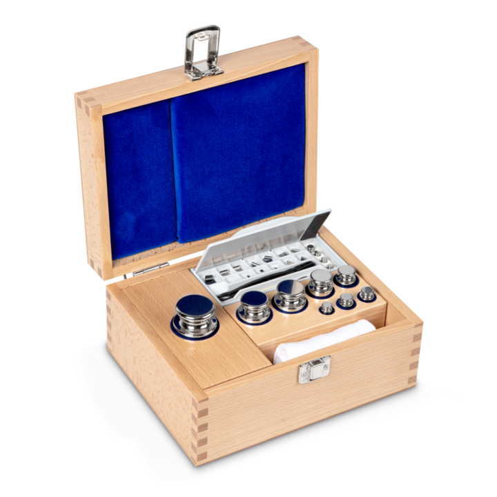 Weight set, F1, 1 mg - 500 g, Knob, stainless steel polished, in wooden case