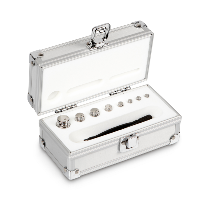 Weight set, F1, 1 g - 50 g, Knob, stainless steel polished, in aluminium case