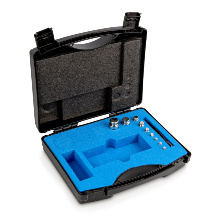 Zestaw odważników, F1, 1 g – 100 g, gałka, stal nierdzewna polerowana, w plastikowym pudełku.