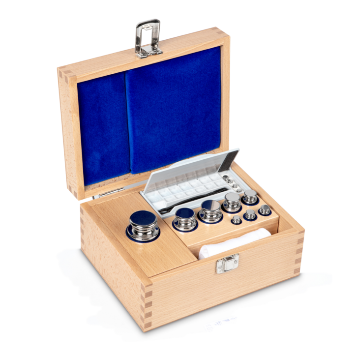 Weight set, F1, 1 g - 500 g, Knob, stainless steel polished, in wooden case