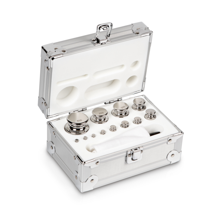 Zestaw odważników, F1, 1 mg – 500 g, gałka, stal nierdzewna polerowana, w aluminiowym pudełku.