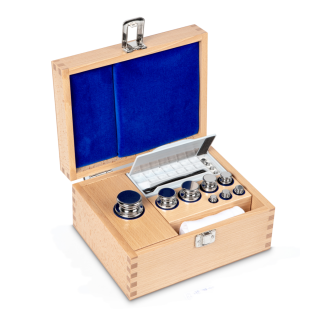 Weight set, F1, 1 g - 1 kg, Knob, stainless steel polished, in wooden case
