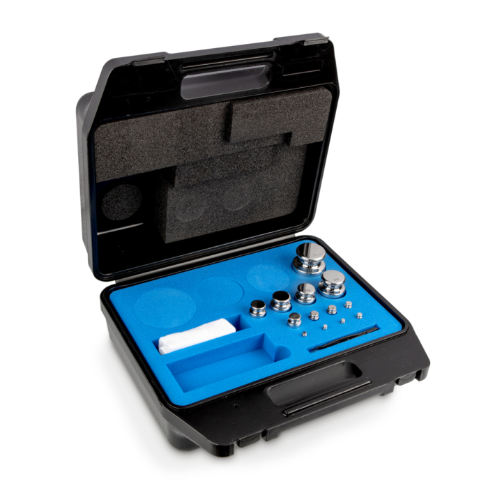 Zestaw odważników, F1, 1 g – 1 kg, gałka, stal nierdzewna polerowana, w plastikowym pudełku.