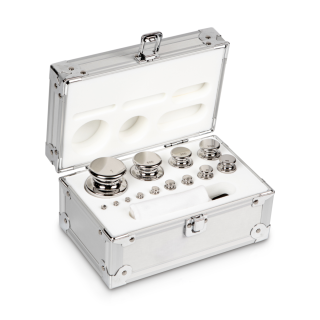 Zestaw odważników, F1, 1 mg – 1 kg, gałka, stal nierdzewna polerowana, w aluminiowym pudełku.