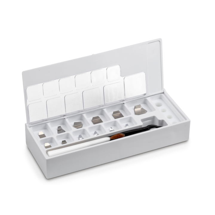 Set of milligram weights, F1, 1 mg - 500 mg, Platelet, stainless steel polished, in plastic case